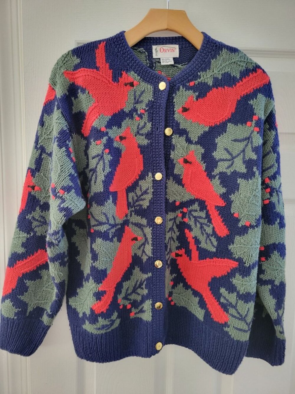 VTG 90s Orvis Cardinal birds Blue Cardigan size Large Y2k Folk Art Sweater Grand